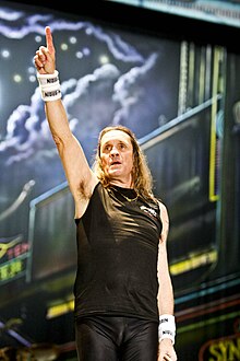 Despite being a member of the band since 1982, it took until 2003 for drummer Nicko McBrain to write a song for Iron Maiden, namely "New Frontier" for Dance of Death. Iron Maiden en Costa RicaNicko.jpg
