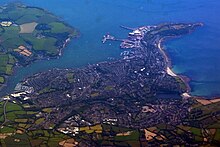 Aerial view of Falmouth: Penryn River centre left; part of Carrick Roads top; part of Falmouth Bay right