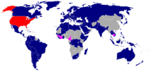 Nations that attended the funeral (blue) or whose dignitaries arrived too late, but attended Lyndon B. Johnson's reception on November 25 (pink). JFK funeral dignitaries.png