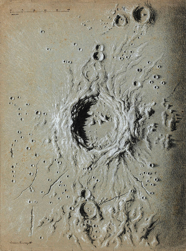 Drawing of a crater on the surface of the Moon by Nasmyth