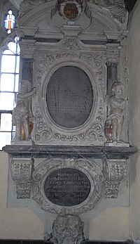 Mural monument to John Courtenay (died 1724), east wall of north aisle, Molland Church JohnCourtenay1724MonumentMolland.jpg