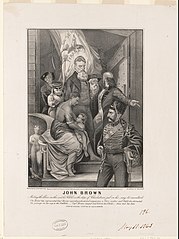 John Brown as Christ, en route to his execution, 1859. Above his head, the flag of Virginia and its motto, Sic semper tyrannis ("Thus always to tyrants"). From a now-lost original by Louis Ransom.