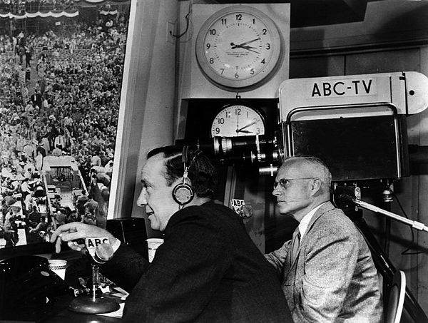 John Daly and Quincy Howe providing ABC's coverage of the convention. 1956 was the second election year that the conventions were broadcast coast-to-c