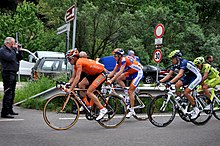 The day's breakaway being led by Euskaltel-Euskadi's Jon Izagirre. Izagirre attacked with 4 km (2.5 mi) remaining and soloed to his first Grand Tour stage victory, and the second win of his professional career. Jon Izagirre Giro Italia 22 May.jpg