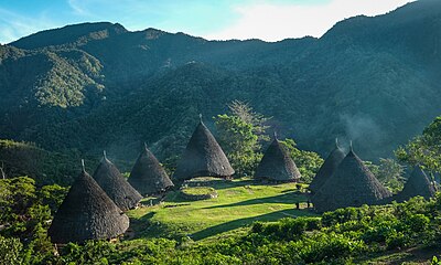 Desa wisata Wae Rebo di Kabupaten Manggarai, Nusa Tenggara Timur. Desa ini dinobatkan sebagai desa tercantik kedua di dunia, menurut The Spectator Index.