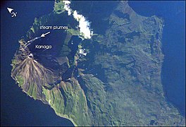 Isla Kanaga con el monte Kanaga visto desde el espacio