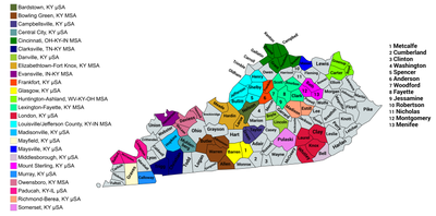 Map of the 25 core-based statistical areas in Kentucky.
