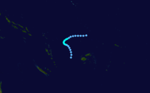 Track map of Tropical Cyclone Kina; the storm formed nearly due north of Fiji and tracked west before curving southward and dissipating almost due west of Fiji.