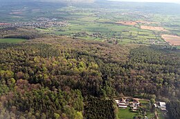 A view over part of King's wood, with Wrington in the distance. Kings wood, Somerset.jpg