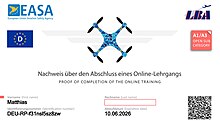 Drone theoretical certificate within the European Union (CAT A 1 and A2), issued by Germany Kompetenznachweis zum Fuhren von Drohnen in der EU (Kategorien A1 und A3) -- LBA 2021.jpg