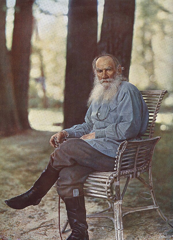 The only known color photograph of the author, Leo Tolstoy, taken at his Yasnaya Polyana estate in 1908 (age 79) by Sergey Prokudin-Gorsky.