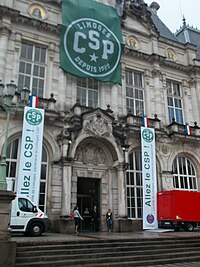The city hall of Limoges, decorated in the colours of the team La Mairie de Limoges aux couleurs du Limoges CSP.JPG