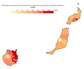 Densidad de población por municipio en la provincia de Las Palmas
