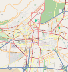 Mapa konturowa Damaszku, po prawej nieco u góry znajduje się punkt z opisem „Stadion Abbasijjin”