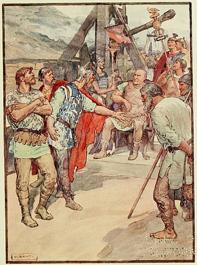 Marius sitting on a chair, surrounded by Roman officers and a number of obstinate-looking barbarians.
