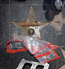 A estrela do ator Matt Damon em construção, mostrando a borda em forma de estrela de latão, a base da grade de arame exposta, as letras de latão presas a dois colchetes horizontais e o emblema do filme, antes de derramar o mosaico rosa