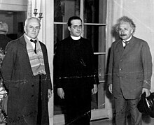 Einstein with Millikan and Georges Lemaitre at the California Institute of Technology in January 1933 MillikanLemaitreEinstein.jpg