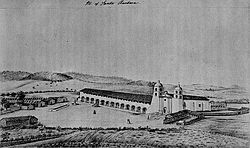 Mission Santa Barbara in 1856; view from the northeast, with the hills of Hope Ranch, California to the left. MissionSantaBarbara1856.jpg