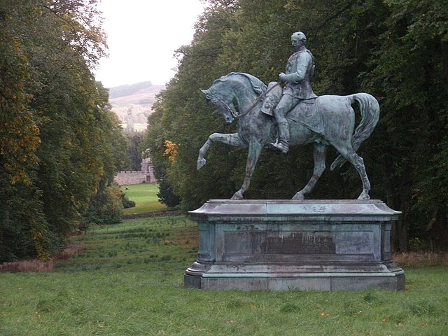 Equestrian statue of Viscount Gough at Chillingham Castle by the Dublin-born sculptor John Henry Foley.
