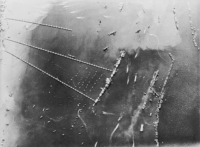 Aerial view of Mulberry harbour "B" (27 October 1944)