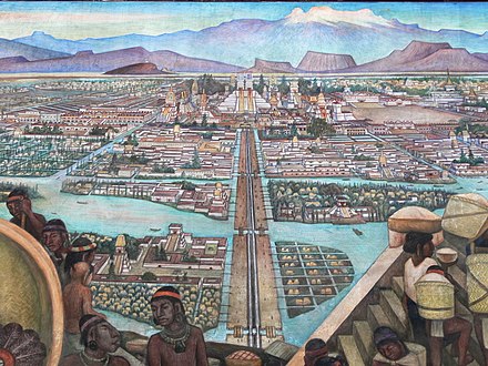 Mural by Diego Rivera depicting a view from the Tlatelolco markets into Mexico-Tenochtitlan, the largest city in the Americas at the time.