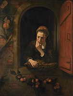 Girl at a window, known as 'The daydreamer'. circa 1654 date QS:P,+1654-00-00T00:00:00Z/9,P1480,Q5727902 . oil on canvas medium QS:P186,Q296955;P186,Q12321255,P518,Q861259 . 123 × 96 cm (48.4 × 37.7 in). Amsterdam. Rijksmuseum