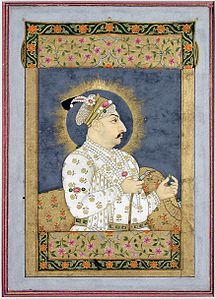 Nidha Mal Jharokha portrait of Muhammad Shah holding an emerald and the mouthpiece of a huqqa ca. 1730 The San Diego Museum of Art.jpg