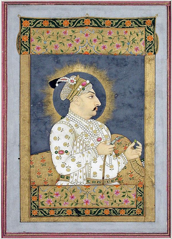 Emperor Muhammad Shah holding an emerald and a mouthpiece of a huqqa, by Nidha Mal, c. 1730