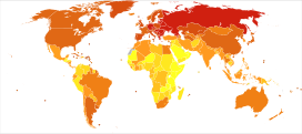 Deaths from Noncommunicable diseases in 2012 per million persons. Statistics from WHO, grouped by deciles   688-2,635   2,636-2,923   2,924-3,224   3,225-3,476   3,477-4,034   4,035-4,919   4,920-5,772   5,773-7,729   7,730-8,879   8,880-13,667 * The following groupings/assumptions were made: ** France includes the overseas departments as well as overseas collectivities. ** The United Kingdom includes the Crown dependencies as well as the overseas territories. ** The United States of America includes the insular areas. ** The Netherlands includes Aruba and the Netherlands Antilles. ** Denmark includes Greenland and the Faroe islands.