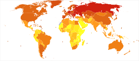 Deaths from noncommunicable diseases per million persons in 2012
.mw-parser-output .refbegin{font-size:90%;margin-bottom:0.5em}.mw-parser-output .refbegin-hanging-indents>ul{margin-left:0}.mw-parser-output .refbegin-hanging-indents>ul>li{margin-left:0;padding-left:3.2em;text-indent:-3.2em}.mw-parser-output .refbegin-hanging-indents ul,.mw-parser-output .refbegin-hanging-indents ul li{list-style:none}@media(max-width:720px){.mw-parser-output .refbegin-hanging-indents>ul>li{padding-left:1.6em;text-indent:-1.6em}}.mw-parser-output .refbegin-100{font-size:100%}.mw-parser-output .refbegin-columns{margin-top:0.3em}.mw-parser-output .refbegin-columns ul{margin-top:0}.mw-parser-output .refbegin-columns li{page-break-inside:avoid;break-inside:avoid-column}
.mw-parser-output .legend{page-break-inside:avoid;break-inside:avoid-column}.mw-parser-output .legend-color{display:inline-block;min-width:1.25em;height:1.25em;line-height:1.25;margin:1px 0;text-align:center;border:1px solid black;background-color:transparent;color:black}.mw-parser-output .legend-text{}
688-2,635
2,636-2,923
2,924-3,224
3,225-3,476
3,477-4,034
4,035-4,919
4,920-5,772
5,773-7,729
7,730-8,879
8,880-13,667 Noncommunicable diseases world map-Deaths per million persons-WHO2012.svg