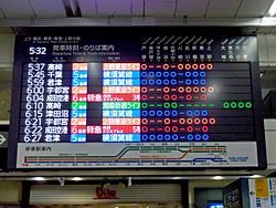 東京都心方面10本分の列車発車時刻を表示する発車標（2016年3月29日）