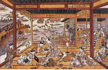 Western-style graphical perspective and increased use of printed colour were amongst the innovations Okumura Masanobu claimed.
Taking the Evening Cool by Ryogoku Bridge, c. 1745 Okumura Masanobu - Taking the Evening Cool by Ryogoku Bridge.png