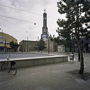 View of tower of Open Haven church center as seen from square