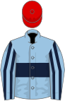 Light blue, dark blue hoop, striped sleeves, red cap