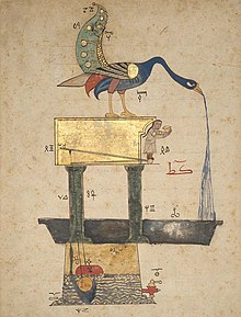 14th-century automaton, powered by water and levers (as was the Rood of Grace) Peacock fountain.jpg