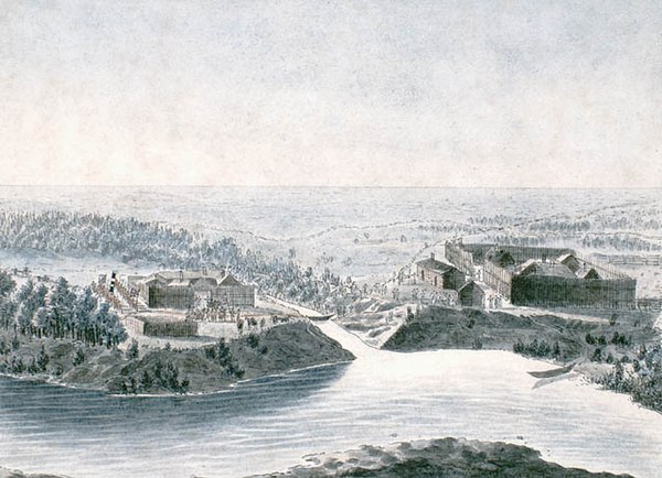 Fort Daer of the HBC and across the Pembina River on the right old Fort Pembina built by the NWC (painted by Peter Rindisbacher in 1822)