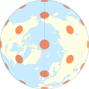 The vertical perspective projection showing exactly one third of the Earth's surface, with Tissot's indicatrix of deformation. Perspective with Tissot's Indicatrices of Distortion.svg