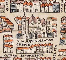 Saint-Jacques-la-Boucherie på Truschets och Hoyaus karta över Paris från år 1552.