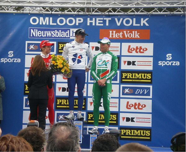 Podium of the 2008 Omloop Het Volk: Nick Nuyens, Philippe Gilbert and Thor Hushovd.