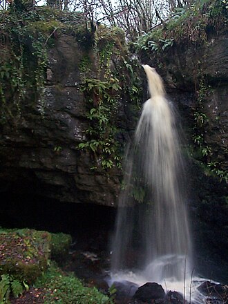 Water cascades beside and flows into Pollnagollum Coolarkan Pollnagollum Coolarkan waterfall.jpg