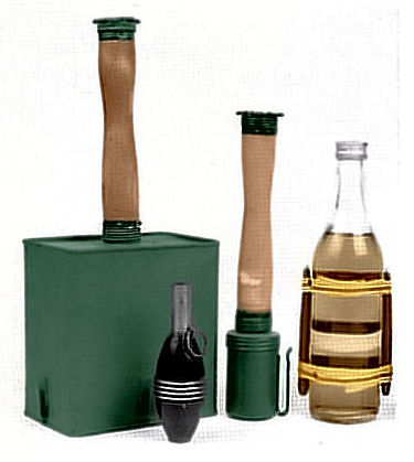 Demolition devices used by SissiOs./5.D. From left: satchel charge, hand grenades and Molotov cocktail. Polttopullo.jpg