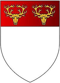 Arms of Popham: Argent, on a chief gules two stag's heads cabossed or PophamArms.jpg