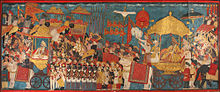 Processional scene with Amar Singh, ruler of Thanjavur (1787-98) and Sarabhoji (1798-1832) - note the gilded chariots being pulled by bulls. Processional scene with Amar Singh, ruler of Thanjavur (Tanjore) (1787-98) and Sarabhoji (1798-1832).jpg