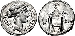 Denarius of Quintus Cassius Longinus, 55 BC. Libertas is portrayed on the obverse. The reverse is a depiction of the Temple of Vesta, where Longinus Ravilla held his trial of the vestals in 113. On the left is a voting urn, and a ballot (tabella) is on the right. It is inscribed A C for Absolvo Condemno ("acquitted" or "condemned"), a further reference to the trial. Q. Cassius Longinus, denarius, 55 BC, RRC 428-3.jpg