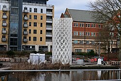 The Solar Gate Sundial still inaccessible at Queen's Gardens in Kingston upon Hull, which is partway through major renovation works.