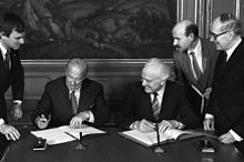 Secretary of State George P. Shultz with Soviet Foreign Minister Eduard Shevardnadze on signing ceremony in Moscow, 1987 RIAN archive 410998 Soviet Foreign Minister Eduard Shevardnadze meeting with U.S. Secretary of State George Shultz.jpg