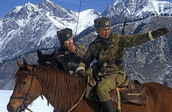 Soviet Border Troops riding horses patrol  at the Khorgos Soviet-Chinese frontier post