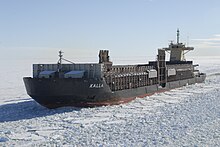 When operating alone, pusher Rautaruukki has the same ice class as the integrated tug and barge, 1A Super, but the unpropelled Kalla is downgraded to ice class 3. Rautaruukki-kalla 20110314.jpg