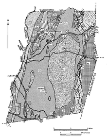 Bedrock geology of Rensselaer County, with the Plateau center, indicated by the oblong mottled area marked Cr. Legend here. Rensselaer County bedrock geology.PNG
