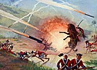 A painting showing the Mysorean army fighting the British forces with Mysorean rockets.[121]
